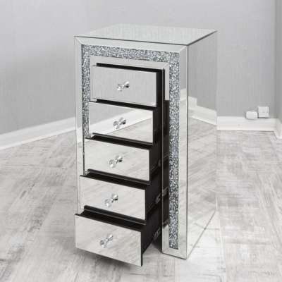 Diamond crush 5 drawers mirrored chest cabinet